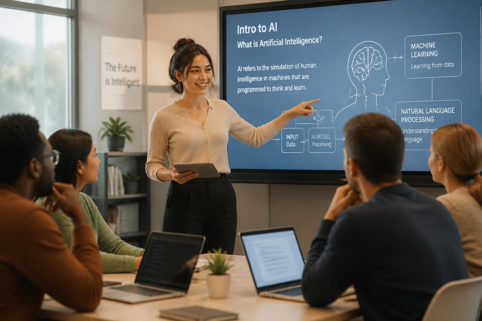 AI teacher explaining an artificial intelligence lesson on screen to adult learners in a bright classroom