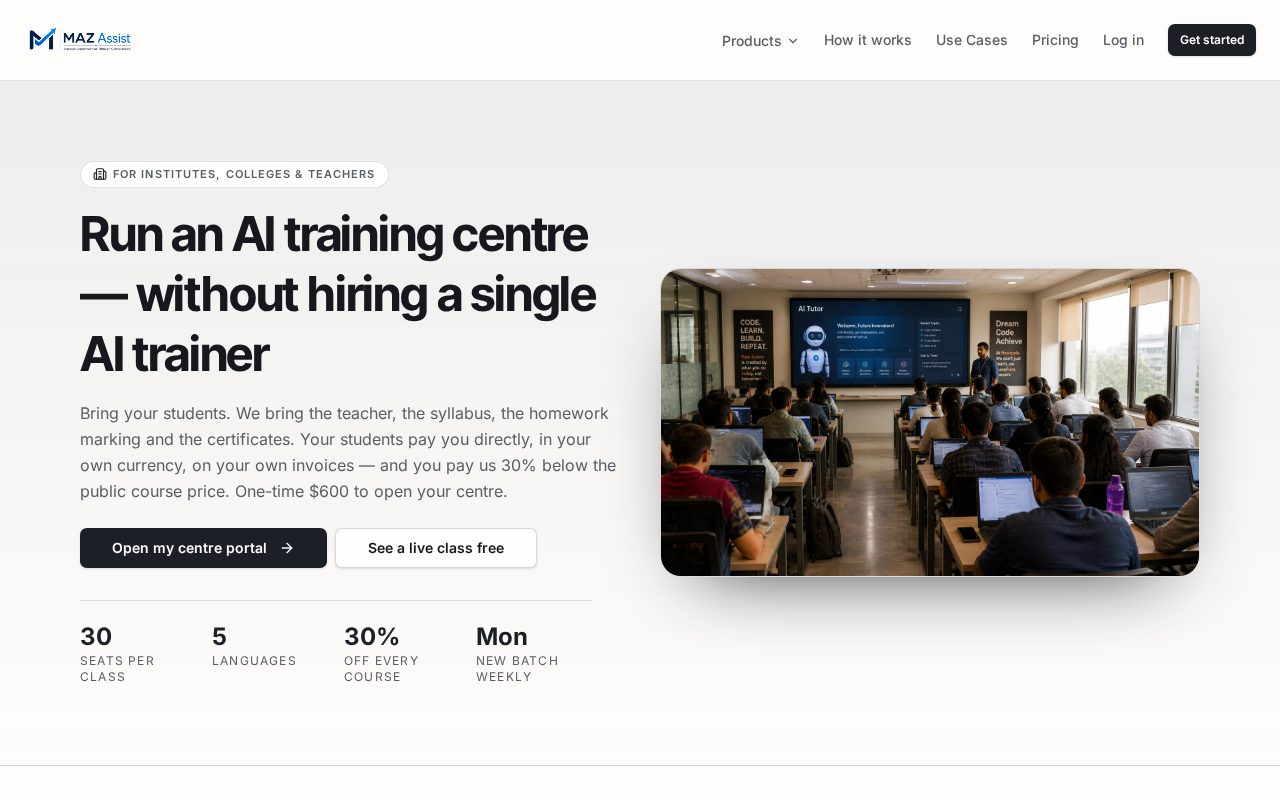 MAZ Assist AI Teacher for Institutions page showing an AI training centre setup