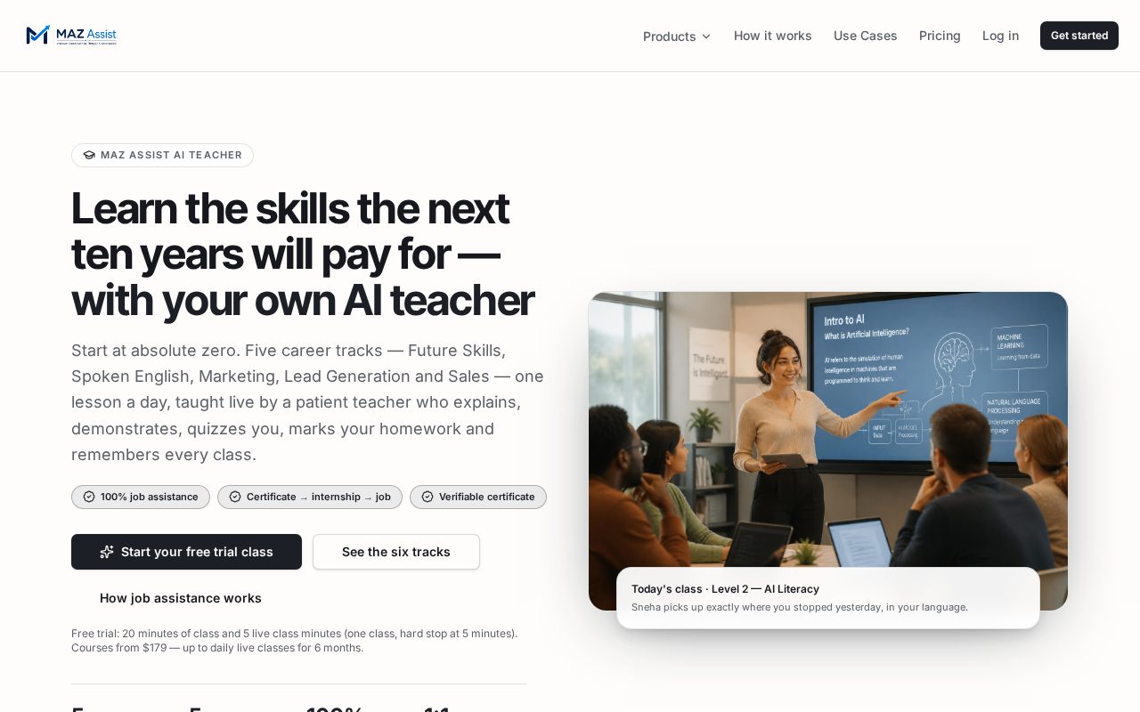 MAZ Assist AI Teacher page showing a live AI classroom for students