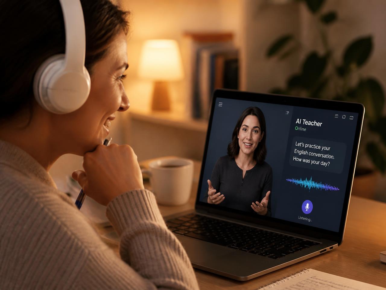 Learner wearing headphones speaking with the AI teacher on a laptop during a live voice class