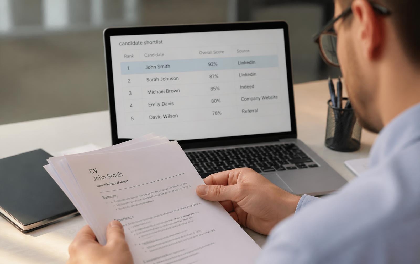 Recruiter reviewing CVs beside a laptop showing a ranked candidate shortlist with match scores