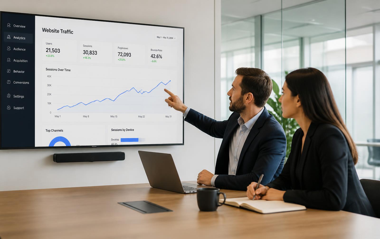 Business team reviewing a rising website traffic dashboard in a modern office