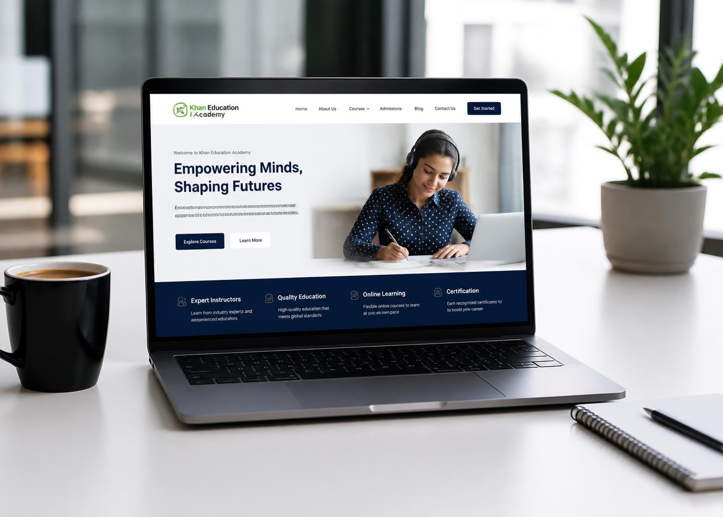 Laptop showing a branded training academy website homepage