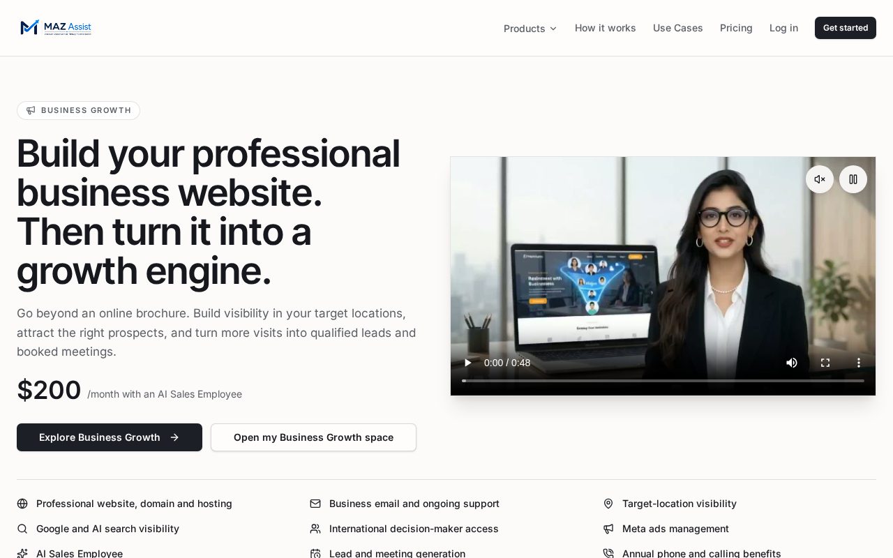 MAZ Assist Business Growth page showing the managed website and growth offer