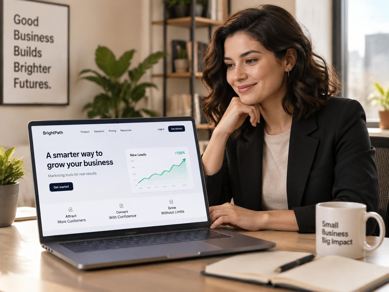 Business owner reviewing their new website and rising leads
