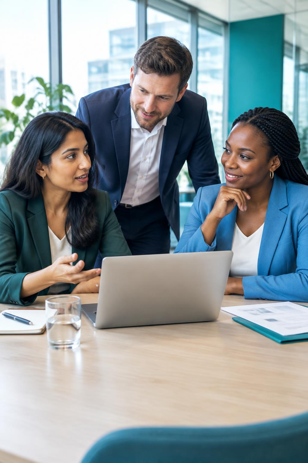 Business professionals collaborating around a laptop in a bright office