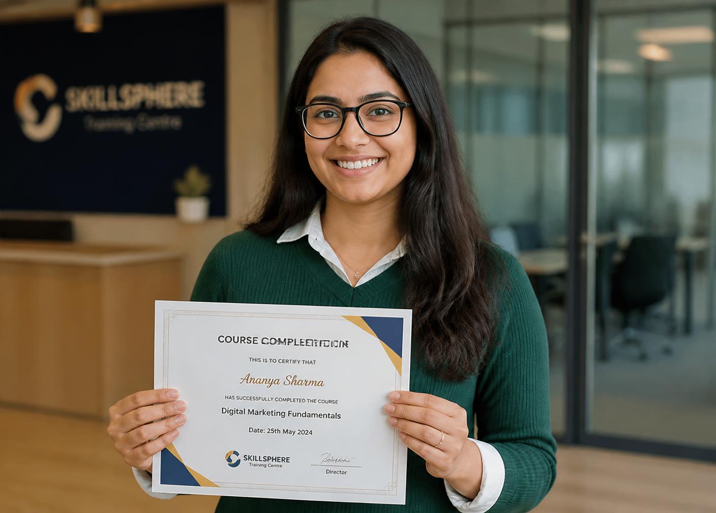Graduate holding a printed course completion certificate at a training centre