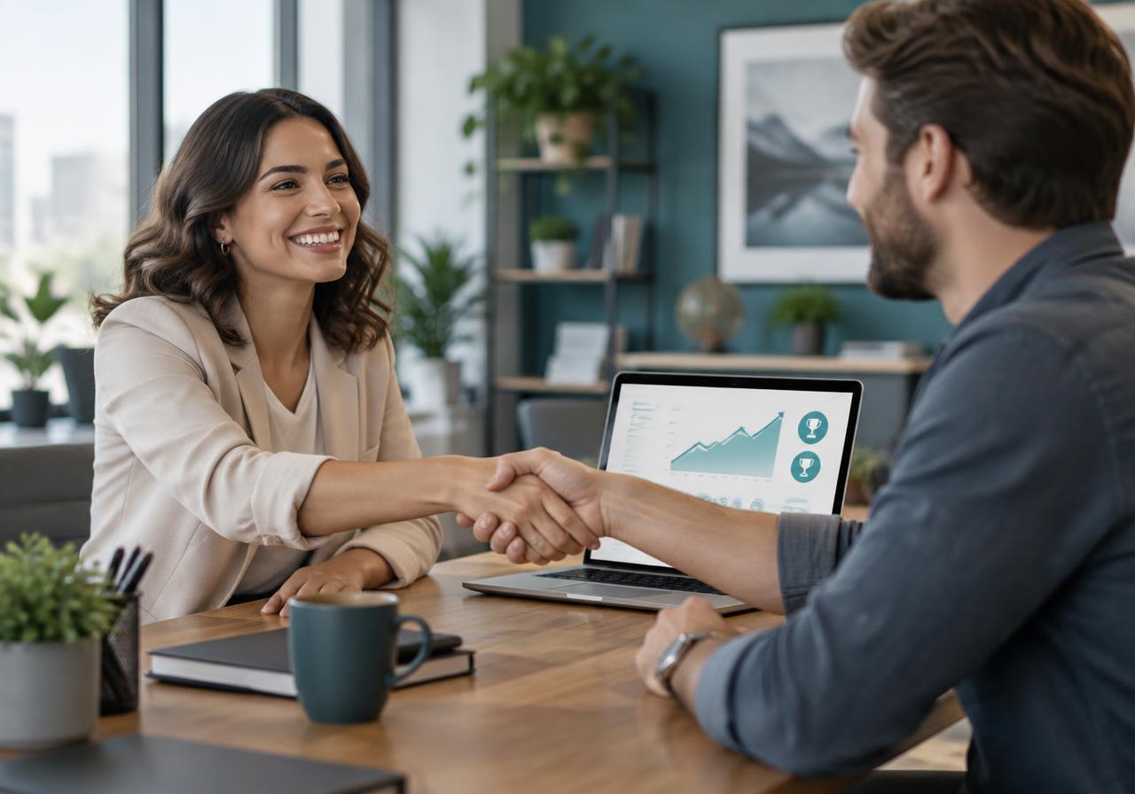 Two business owners shaking hands beside a rewards dashboard