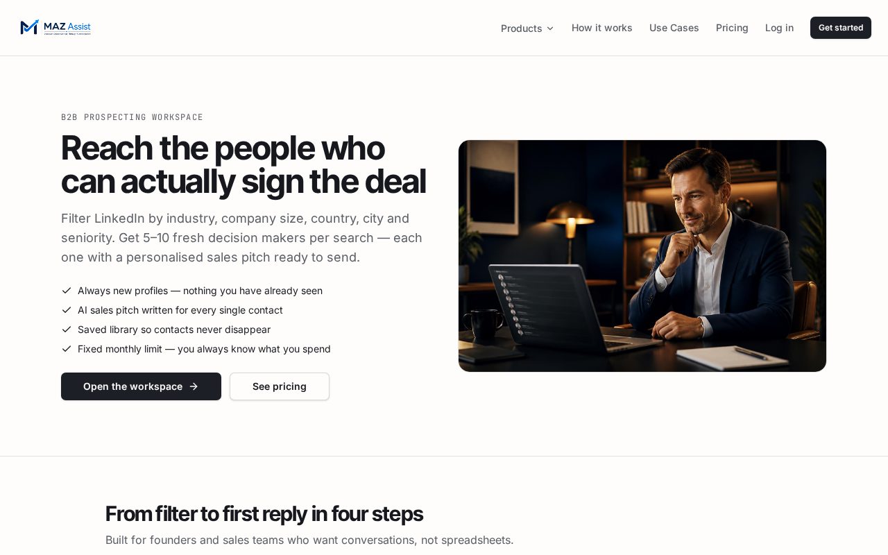 MAZ Assist Decision Makers Access page showing targeted buyer discovery