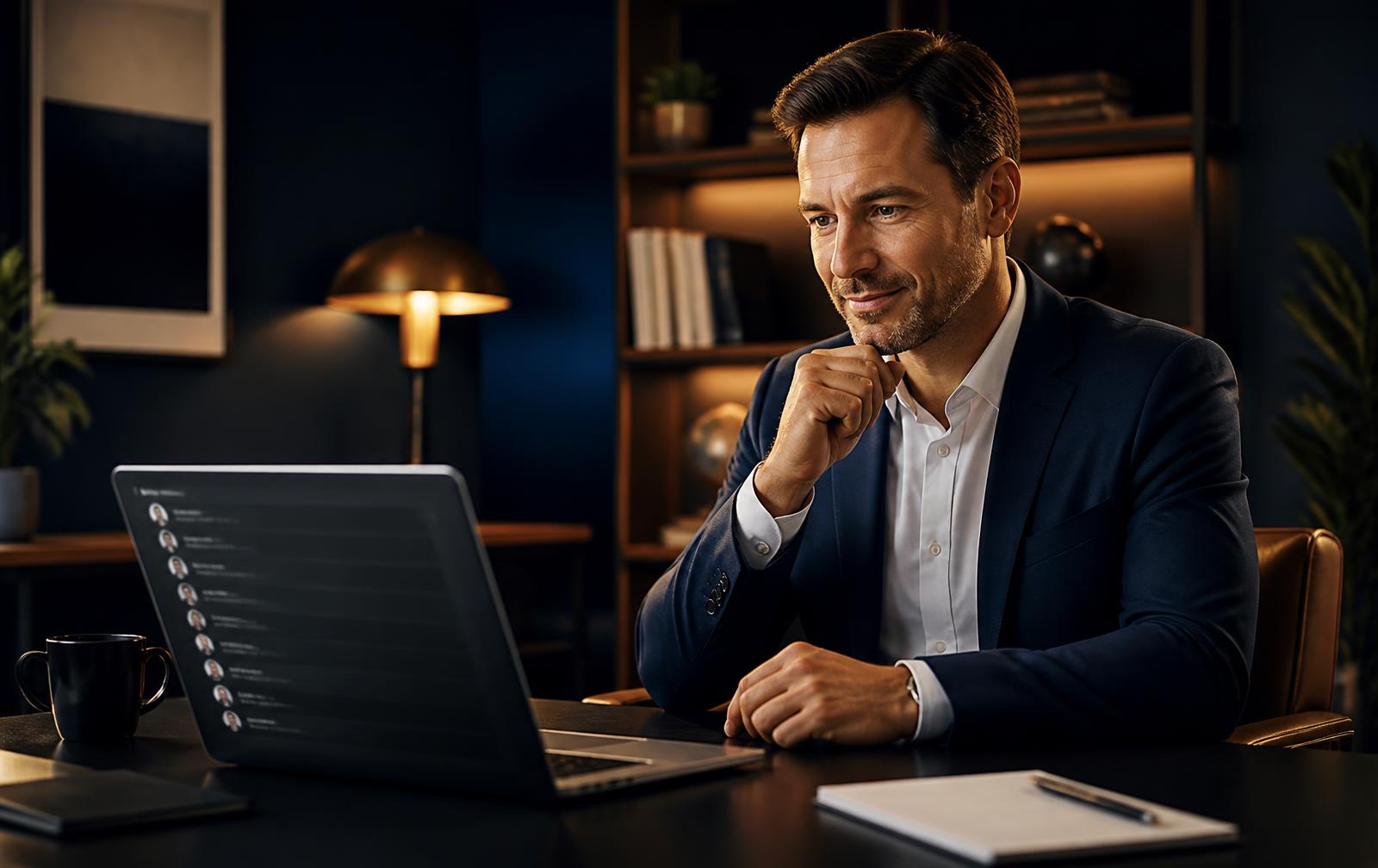 Business owner reviewing a list of LinkedIn decision makers on a laptop