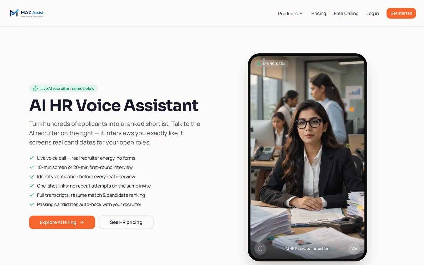 Screenshot of the AI HR Voice product page on MAZ Assist