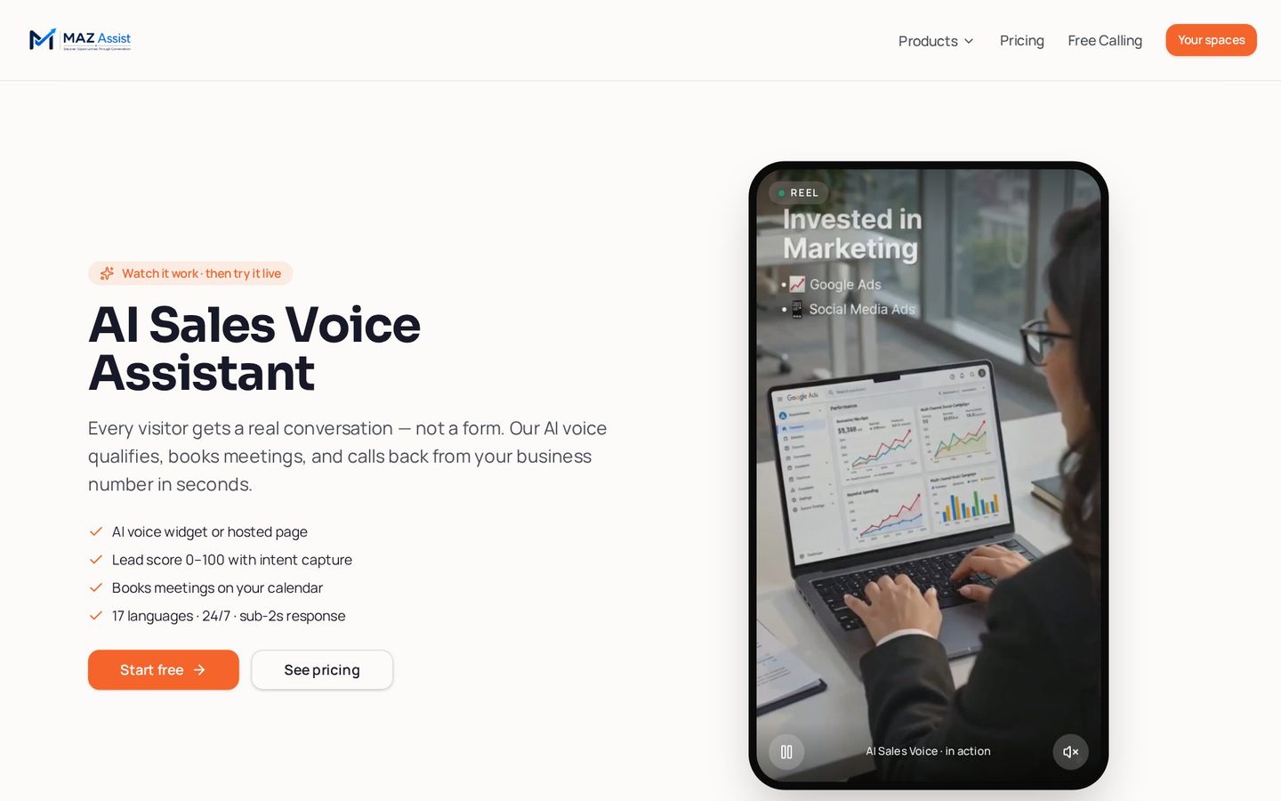 Screenshot of the AI Sales Voice product page on MAZ Assist