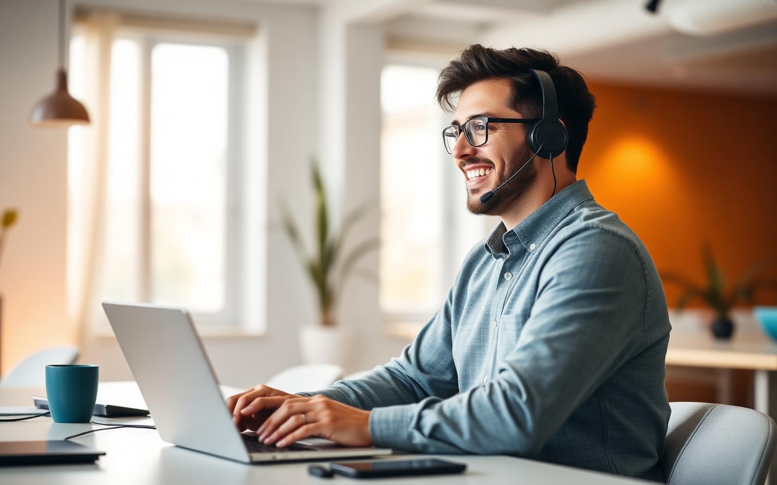 Small business owner making calls with headset