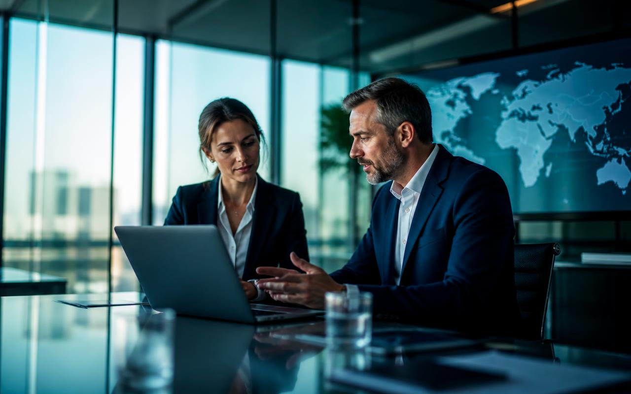 Two business professionals reviewing an international hiring plan in a modern meeting room