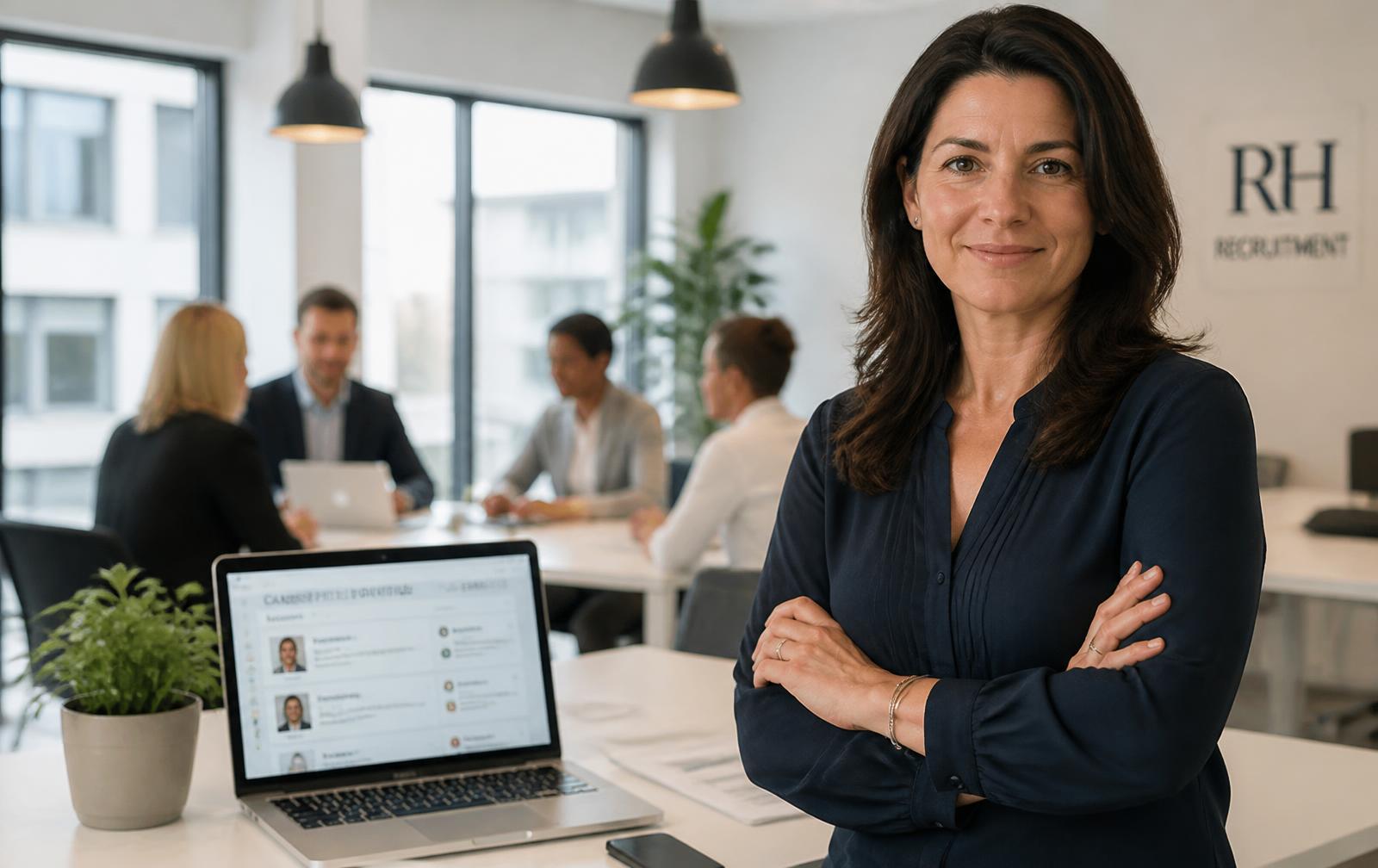 Recruitment agency founder in a modern office with a laptop showing shortlisted candidate profiles