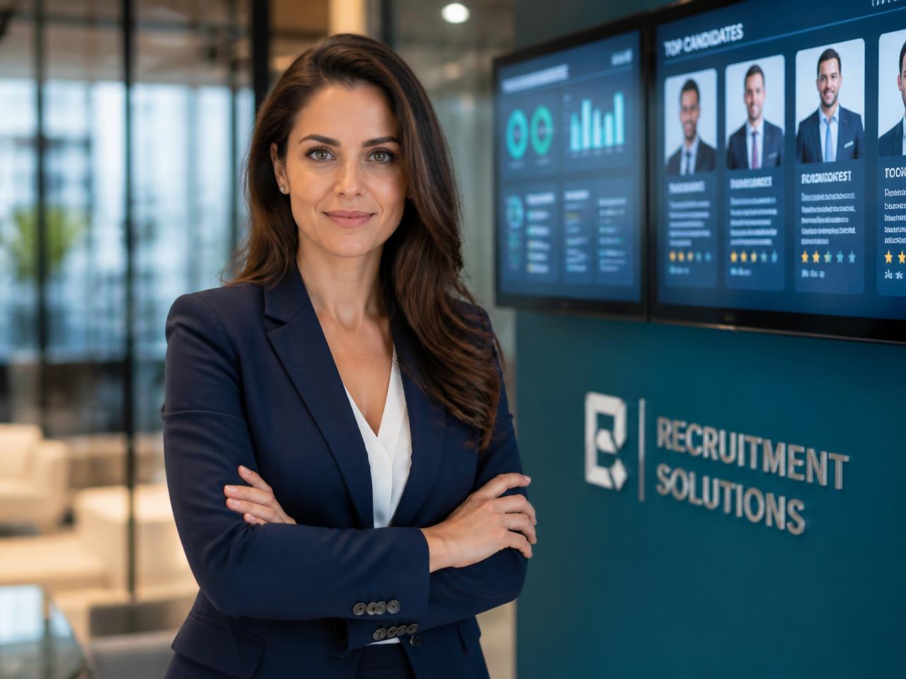 Recruitment firm owner running her AI-powered recruitment agency from a modern office