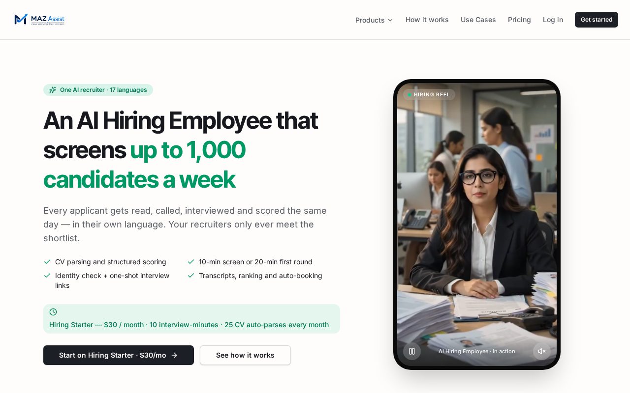 MAZ Assist AI Hiring Employee page showing CV screening and candidate interviews