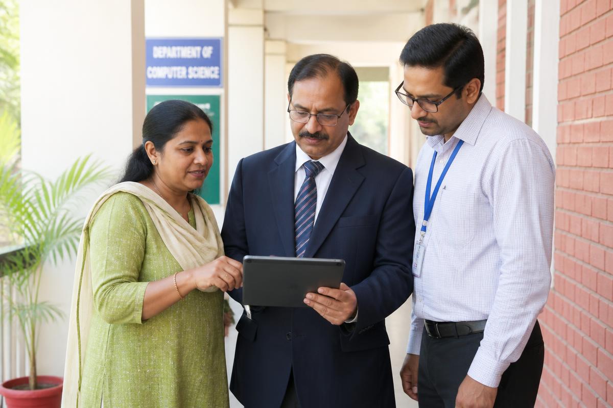 College faculty reviewing an AI course syllabus on a tablet