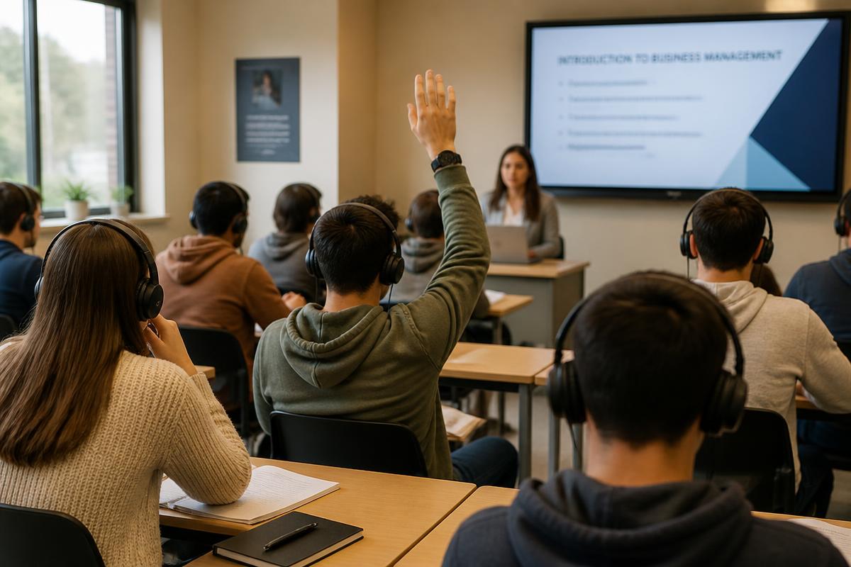 A batch of students wearing headphones with one student raising a hand to ask the teacher a question
