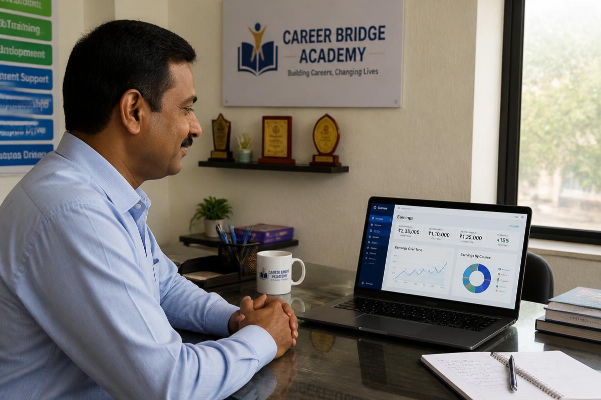 Institute owner reviewing batch earnings on a laptop dashboard
