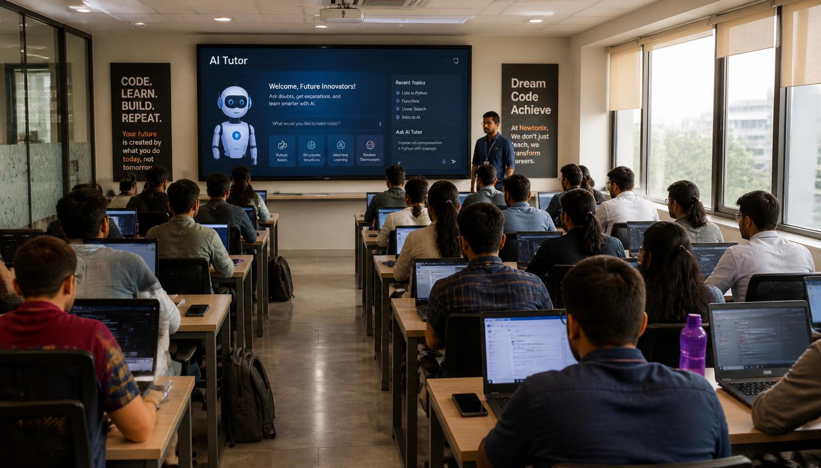 Students in a coaching institute computer lab attending an AI class shown on a large screen