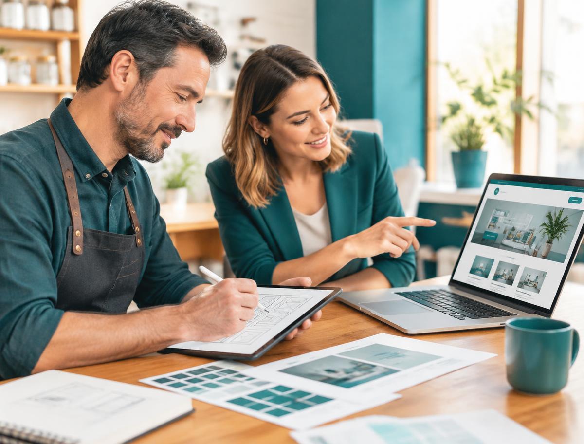 Business owner planning a new website with a designer