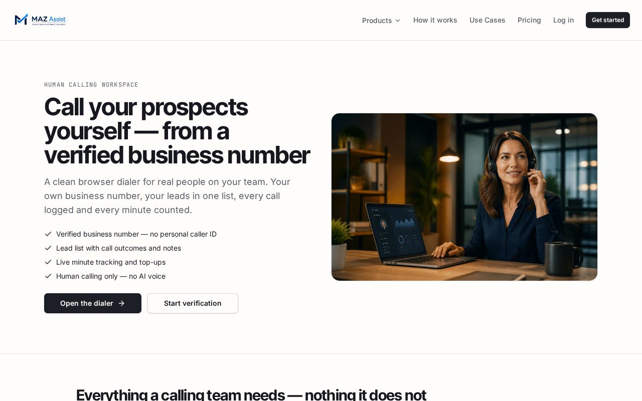 MAZ Assist Human Phone Calling page showing the verified business dialler