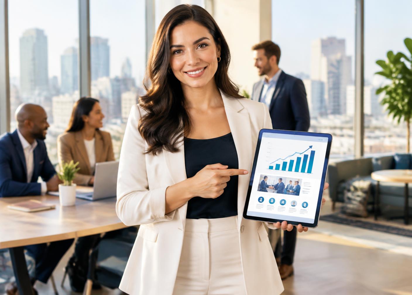 Professional woman presenting the MAZ Assist Elite Partner opportunity