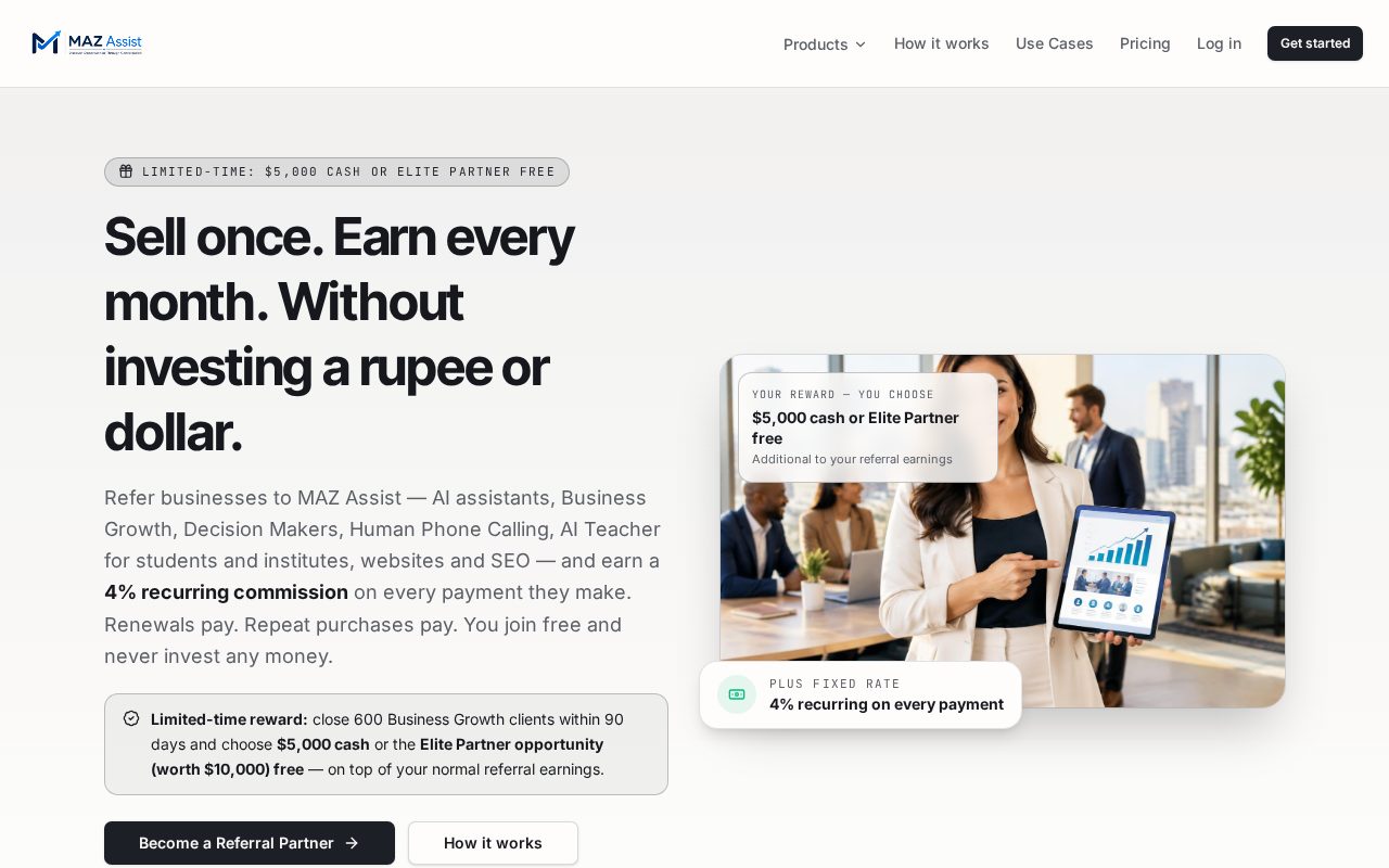 MAZ Assist Referral Partner page explaining recurring referral earnings