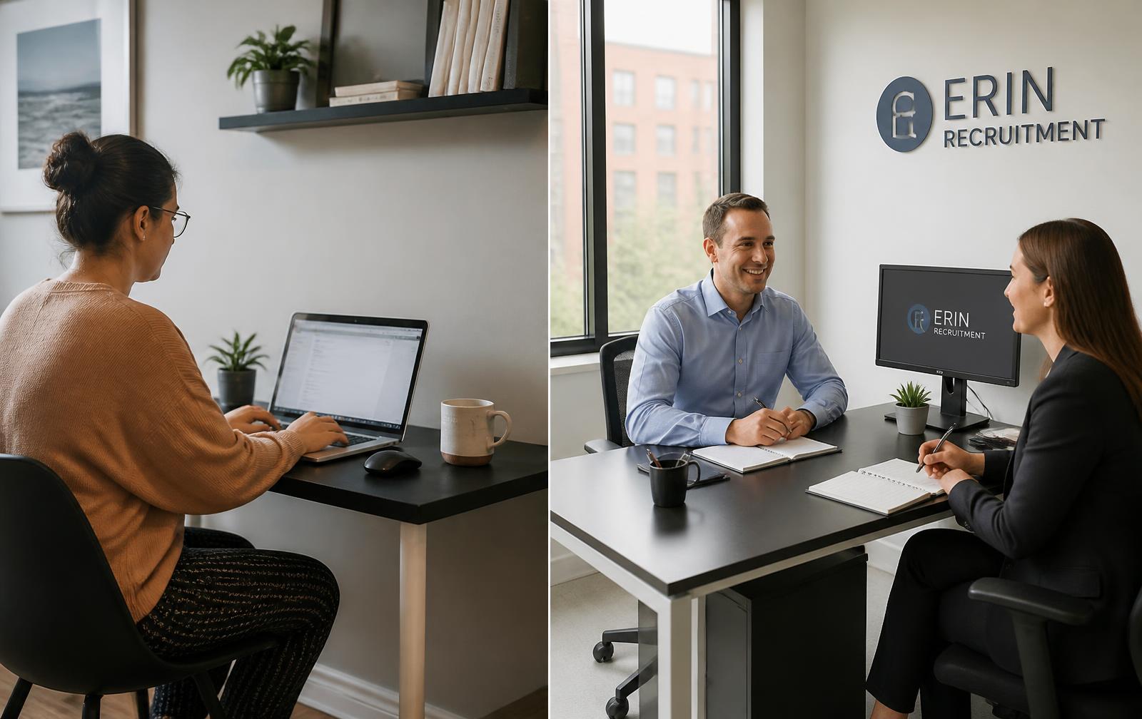 A recruiter working from a home desk alongside a small recruitment office meeting, both running the same platform