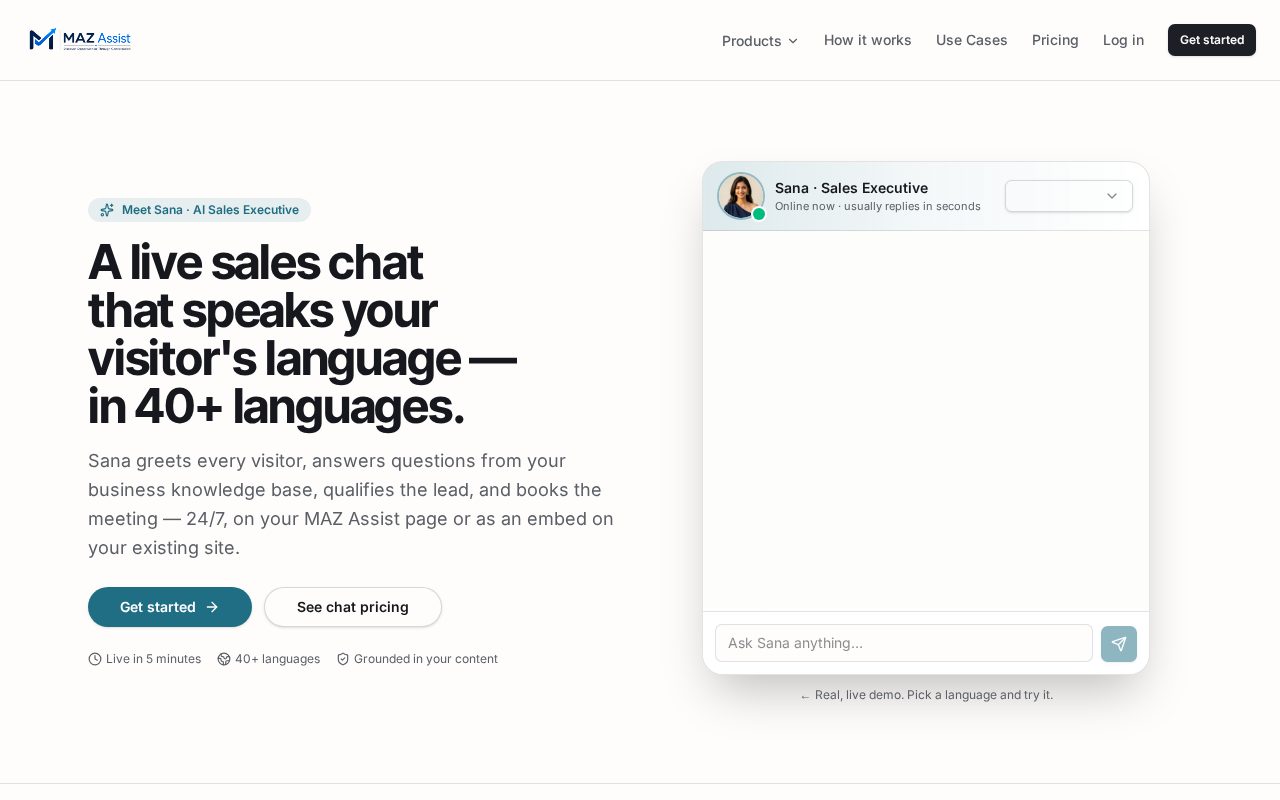 MAZ Assist AI Sales Chat Assistant page showing the live website chat experience