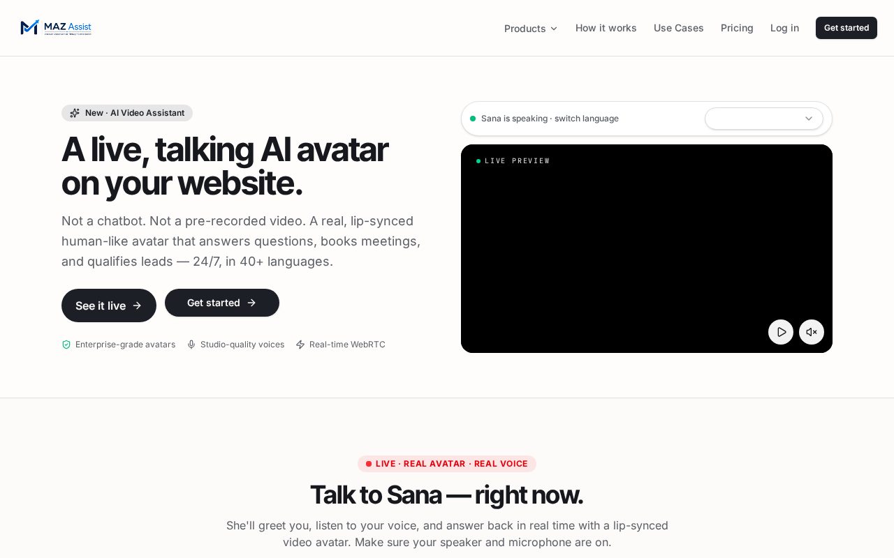 MAZ Assist AI Sales Video Assistant page showing the live talking avatar experience