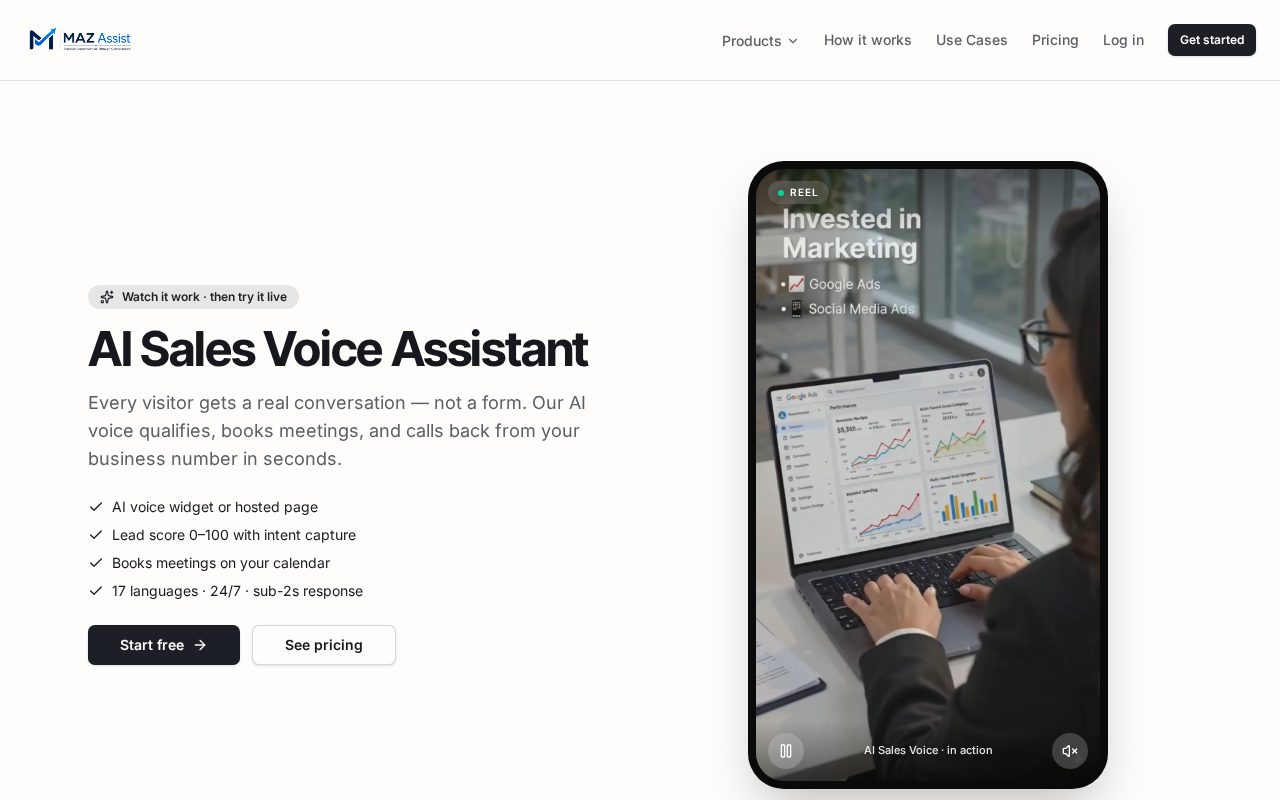 MAZ Assist AI Sales Voice Assistant product page showing the website voice experience