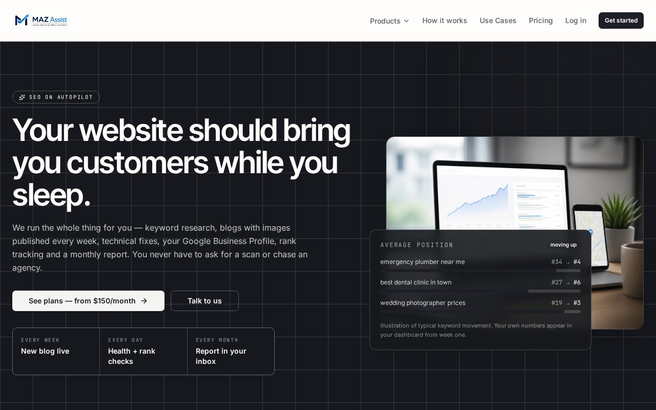 MAZ Assist SEO Service page showing search visibility and reporting
