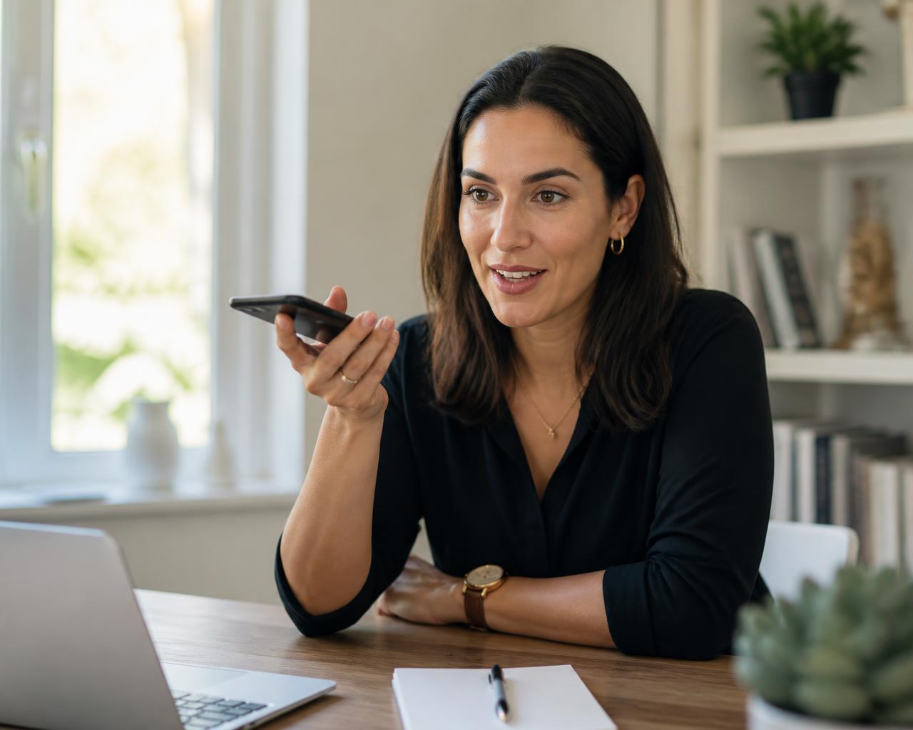 Professional candidate speaking into a smartphone during an AI voice interview from a modern home office