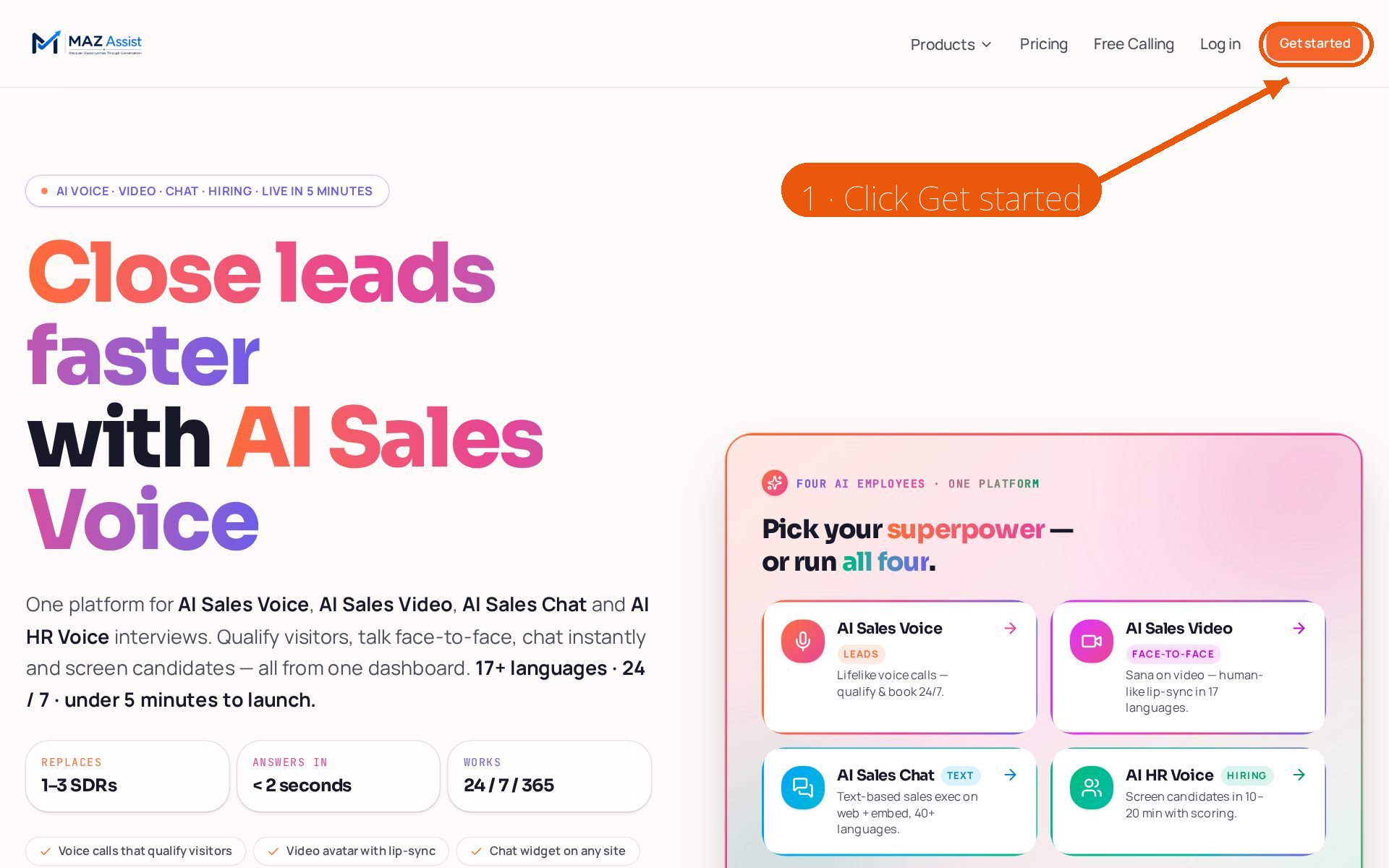 Screenshot of the MAZ Assist homepage with an arrow pointing at the Get started button