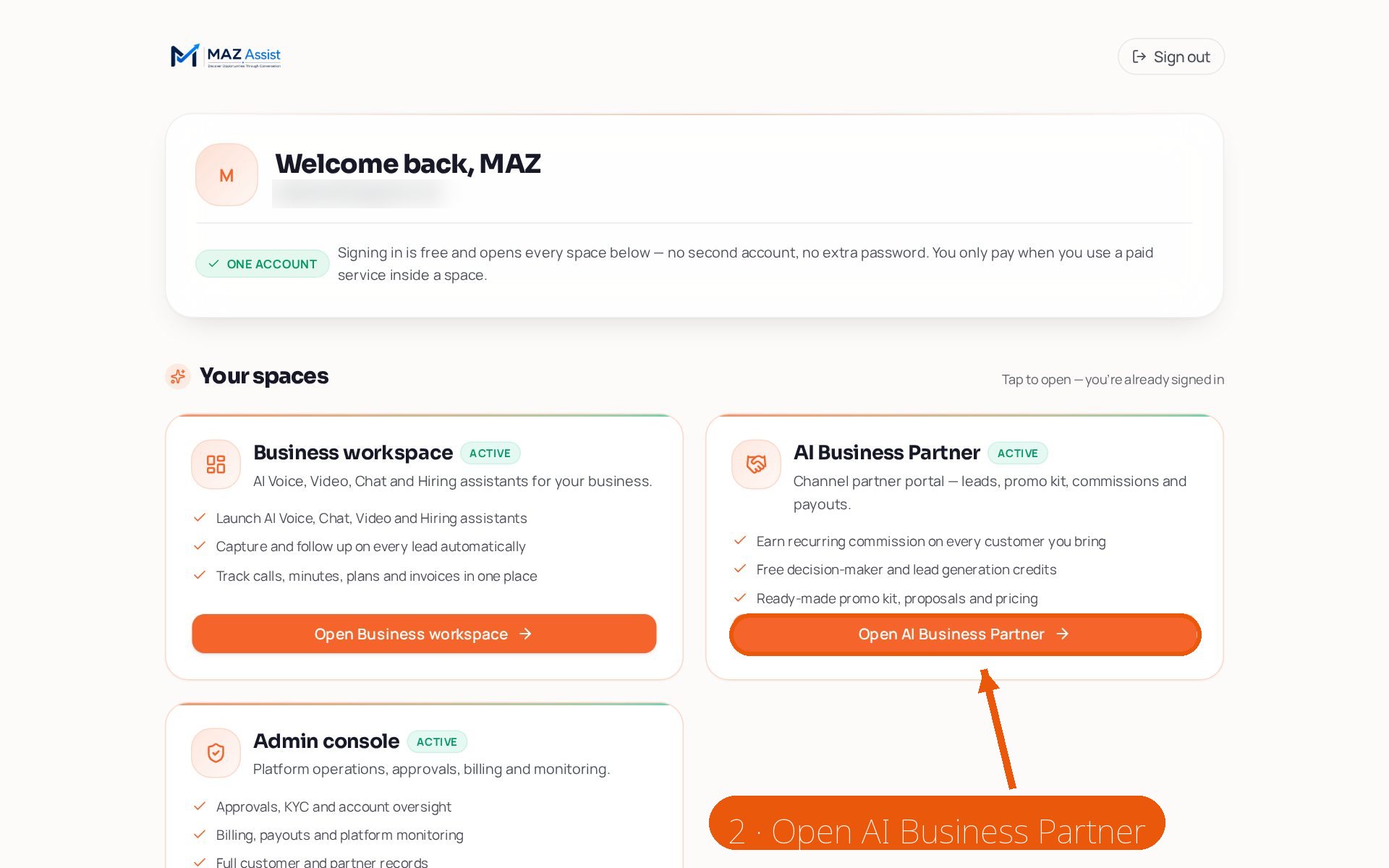 Screenshot of the Spaces hub with an arrow pointing at the Open Channel Partner button