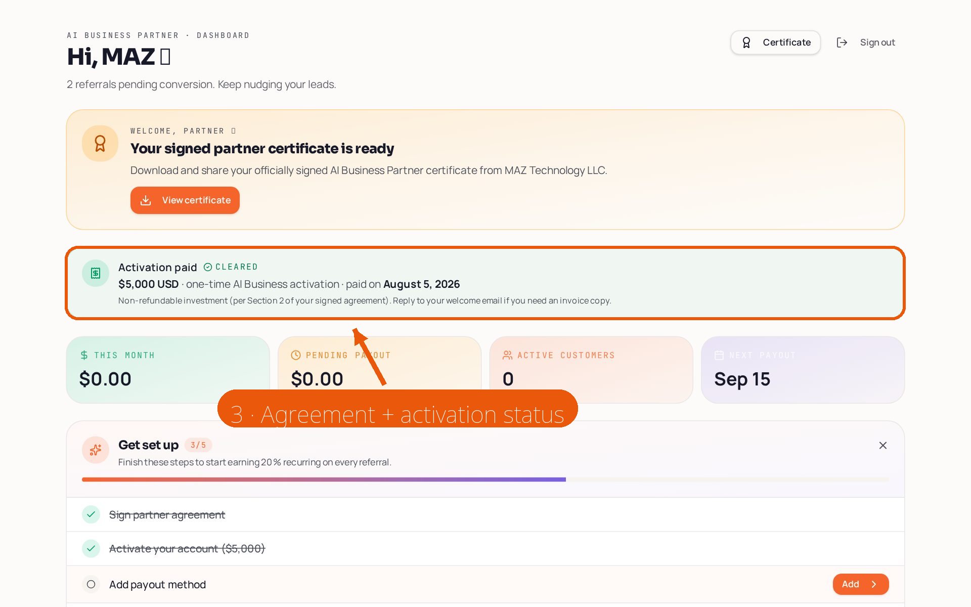 Screenshot of the partner dashboard showing the signed certificate and cleared activation payment