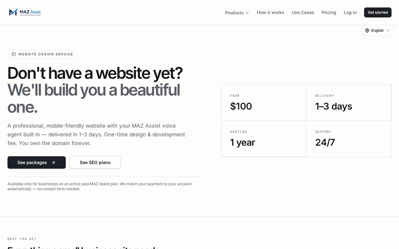 MAZ Assist Website Design page showing the website build packages and delivery promise